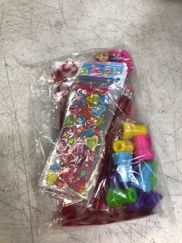 Photo 2 of 102PCS Valentine Stationary Set with Cellophane Treat Bags Valentines Day Gifts for Kids Classroom Exchange Prizes Party Favors with Erasers Stampers Stickers Cards Pencils