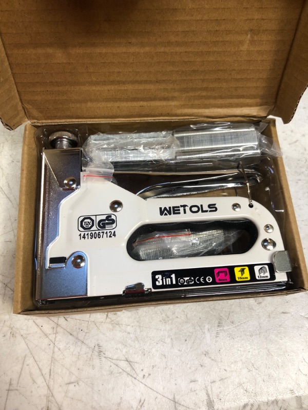 Photo 2 of WETOLS Staple Gun, Heavy Duty Staple Gun, 3 in 1 Manual Nail Gun with 2400 Staples(D, U and T-Type), for Upholstery, Material Repair, Carpentry, Decoration, Furniture, DIY - DY808 Staple Gun + 2400 Staples