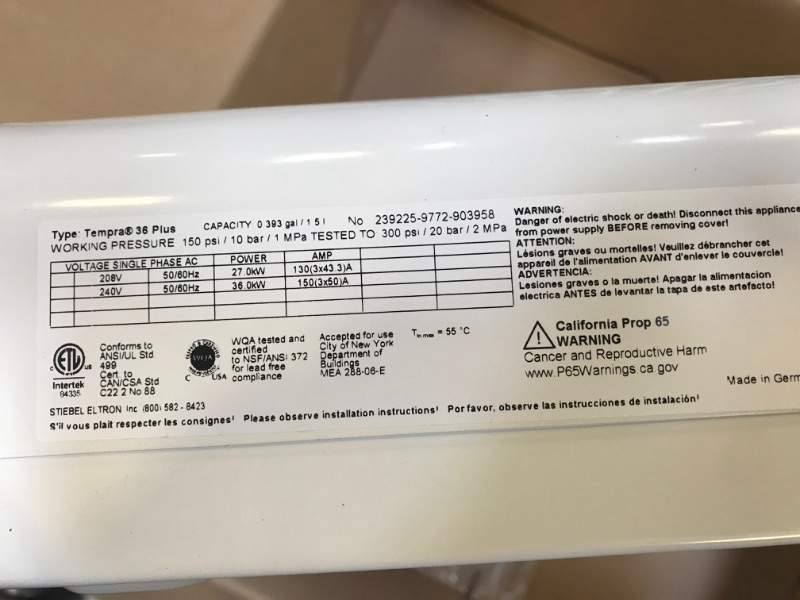 Photo 5 of Stiebel Eltron Tankless Heater – Tempra 36 Plus – Electric, On Demand Hot Water, Eco, White Tempra 36 Plus (36 kW) Water Heater
