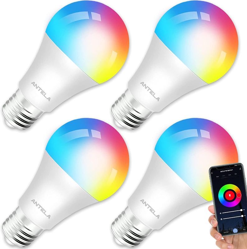 Photo 1 of ANTELA Smart Light Bulb LED E26 Full Color Changing Dimmable Multicolor 2700K-6500K Compatible with Alexa and Google Home A19, 9W 800 Lumens, No Hub Required,2.4Ghz only, 4Pack
