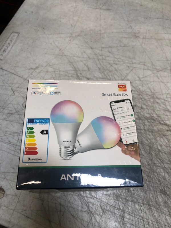 Photo 2 of ANTELA Smart Light Bulb LED E26 Full Color Changing Dimmable Multicolor 2700K-6500K Compatible with Alexa and Google Home A19, 9W 800 Lumens, No Hub Required,2.4Ghz only, 4Pack
