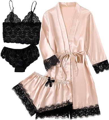 Photo 1 of LYANER Women's 4pcs Sleepwear Satin Floral Lace Trim Cami Pajama Set with Robe SIZE S 
