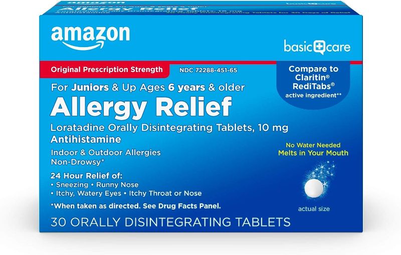 Photo 1 of Amazon Basic Care 24-Hour Allergy Medicine, Loratadine Orally Disintegrating Tablets, 10 mg, Antihistamine, Melts in Your Mouth, for Ages 6 and up, 30 Count EXP 10/23 ( PACK OF 2 )
