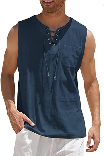 Photo 1 of Soluo Men's Cotton Linen Tank Top Casual Sleeveless Lace Up Beach Hippie T-Shirts Summer Athletic Running Blouse SIZE L
