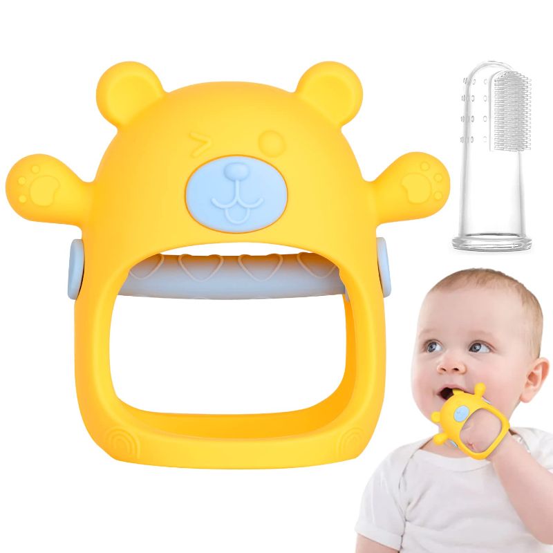 Photo 1 of Fu Store Bear Anti-Dropping Silicone Baby Teething Toy Infants Baby Chew Toys for Sucking Needs, Hand Pacifier for Breast Feeding Babies for New Born (1 Yellow & 1 Finger Toothbrush) ( PACK OF 2 ) 
