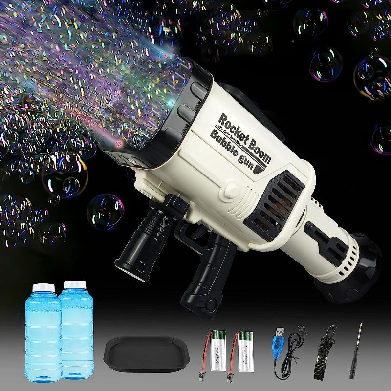 Photo 1 of Bloombloomme Bubble Guns, 64 Holes Giant Bubble Machine Gun with Colorful Lights, Electric Bubble Shooter Maker for Adults Kids Outdoor Indoor Birthday Wedding Party Toy Gift (Black)
