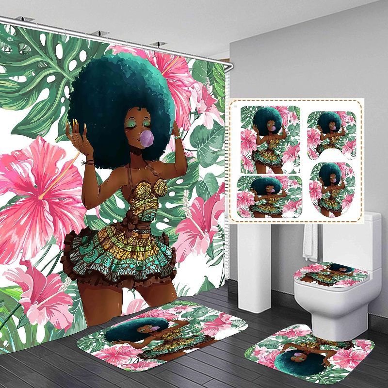 Photo 1 of 4pcs African American Shower Curtains for Bathroom, Tropical Black Girl Shower Curtain Bathroom Set, Bathroom Sets with Shower Curtain and Rugs,Toilet Lid Cover(Green)
