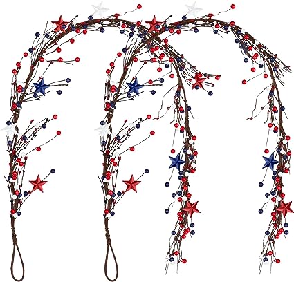 Photo 1 of 2 Pack 6 ft Berry Garland Patriotic Artificial Berry Wreath Americana White Blue Red Stars Berry Garland Home Decorations Outdoor Wreath for Tree Home Table Window Stair