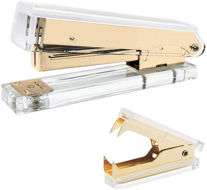 Photo 2 of Office Stapler Staples Remover Set, Clear Acrylic Dark Gold Tone Desk Executive Manual Staplers and Staple Remover Tool for Desktop Accessories Supplies
