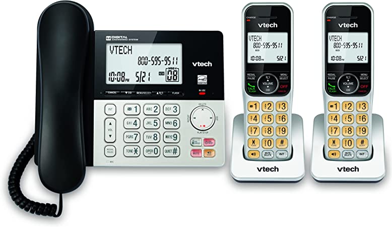 Photo 1 of VTECH VG208-2 DECT 6.0 2-Handsets Corded/Cordless Phone for Home with Answering Machine, Call Blocking, Caller ID, Large Backlit Display, Duplex Speakerphone, Intercom, Line-Power (Silver/Black)