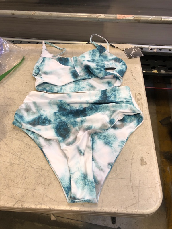 Photo 1 of 2 PC HIGH WAISTED BLUE AND WHITE SWIM SUIT ( SIZE: MEDIUM ) 