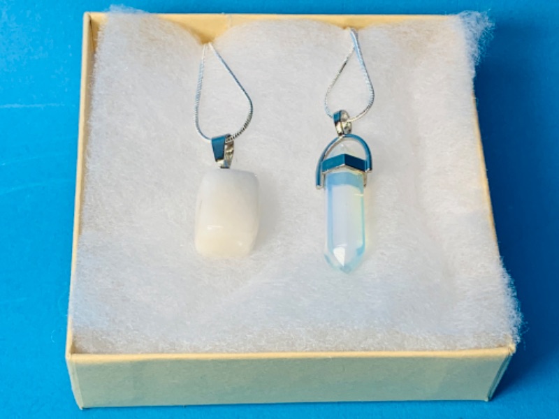 Photo 2 of 892575…2 polished rock/crystal pendant necklaces on 22” chains in gift box 