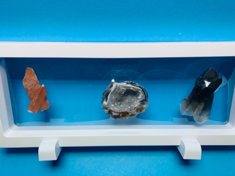 Photo 1 of 892589… 3 rocks- geode septarian , smokey quartz, and crystal rocks in 9 x 4” display 