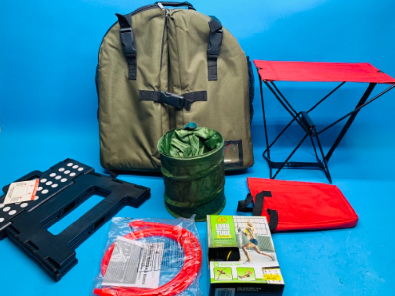 Photo 2 of 892831… camping items- backpack, chair, trash can, step, and workout bands