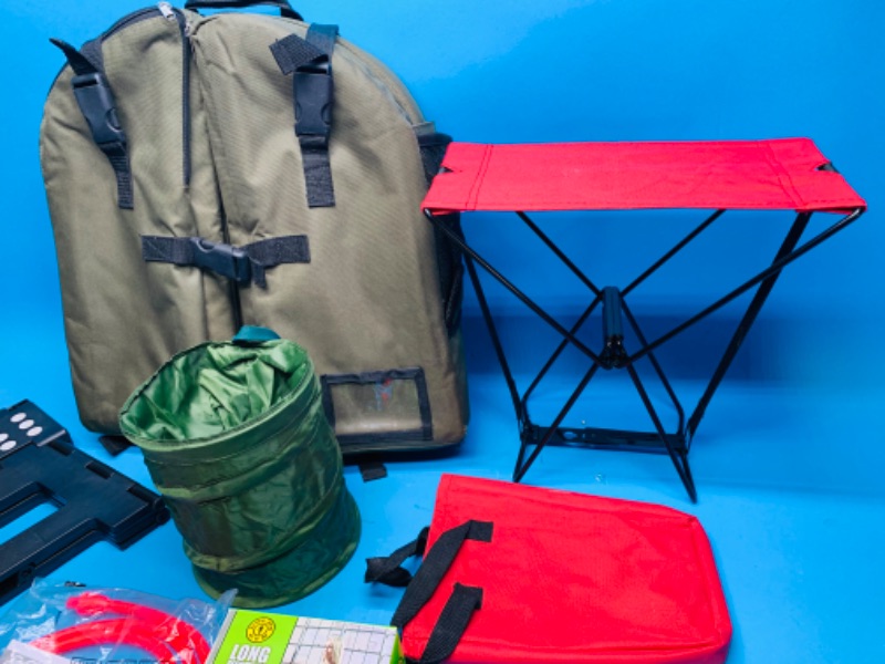 Photo 3 of 892831… camping items- backpack, chair, trash can, step, and workout bands