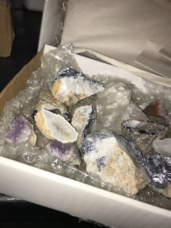 Photo 4 of 892967… box of misc collectible rocks, crystals, pyrite, septarian, and galinas 