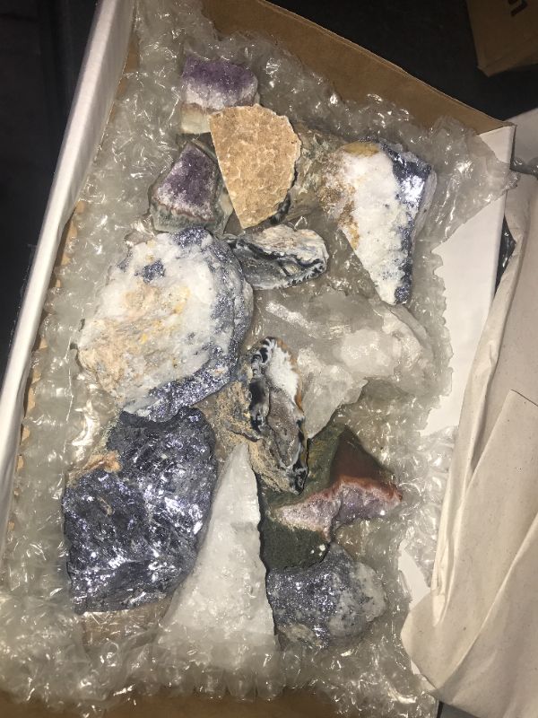 Photo 2 of 892967… box of misc collectible rocks, crystals, pyrite, septarian, and galinas 