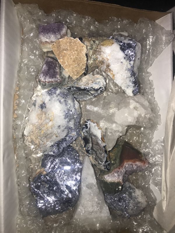 Photo 3 of 892967… box of misc collectible rocks, crystals, pyrite, septarian, and galinas 