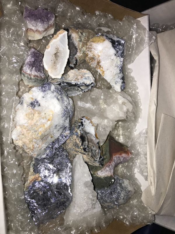 Photo 1 of 892967… box of misc collectible rocks, crystals, pyrite, septarian, and galinas 