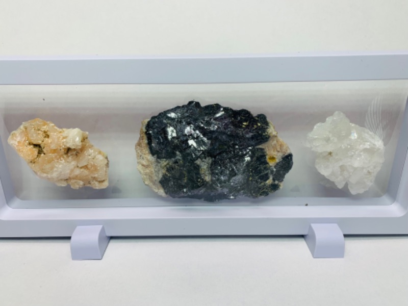 Photo 1 of 893187…3 piece stilbite, crystal, and galinas rocks in 9 x 4” display 