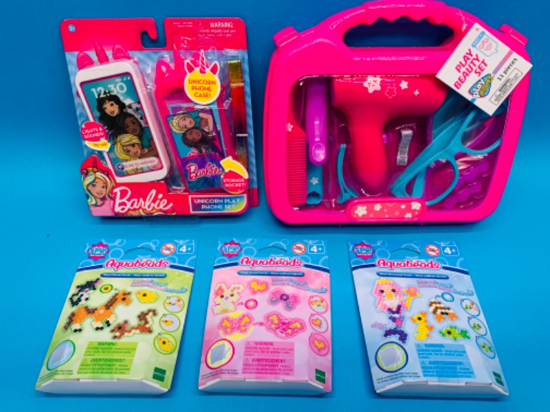 Photo 1 of 893389…Barbie unicorn play phone set, beauty set, and aquabead toys