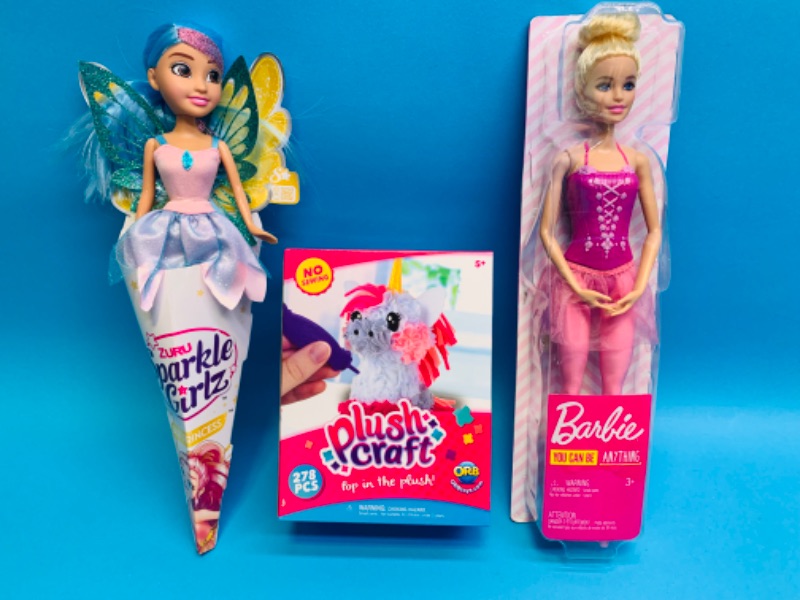 Photo 1 of 893892…Barbie doll, Zuru Sparkle Girlz doll, and plush craft