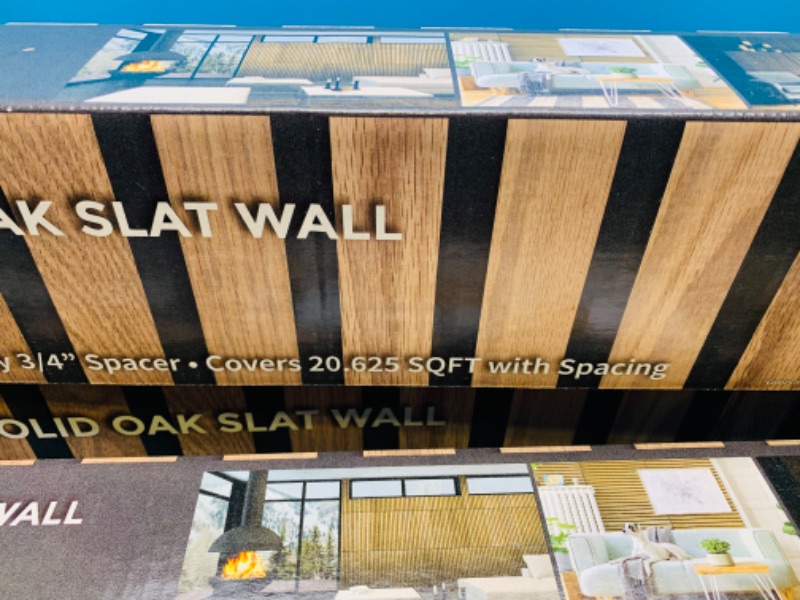 Photo 4 of 894118… 3 boxes of Weaber solid oak prefinished slat wall covers over 60 sq ft. Each box covers 20.625 sq ft with spacing. 36”L x 1.5” W x .25” T