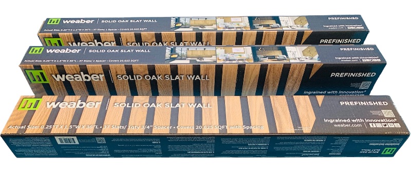 Photo 1 of 894119… 3 boxes of Weaber solid oak prefinished slat wall covers over 60 sq ft. Each box covers 20.625 sq ft with spacing. 36”L x 1.5” W x .25” T