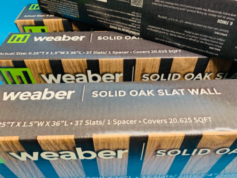 Photo 5 of 894119… 3 boxes of Weaber solid oak prefinished slat wall covers over 60 sq ft. Each box covers 20.625 sq ft with spacing. 36”L x 1.5” W x .25” T