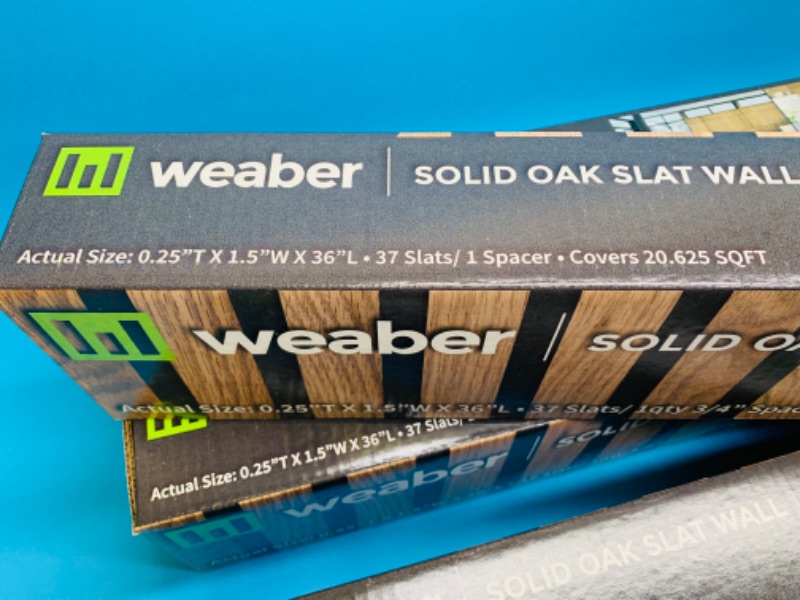 Photo 2 of 894119… 3 boxes of Weaber solid oak prefinished slat wall covers over 60 sq ft. Each box covers 20.625 sq ft with spacing. 36”L x 1.5” W x .25” T