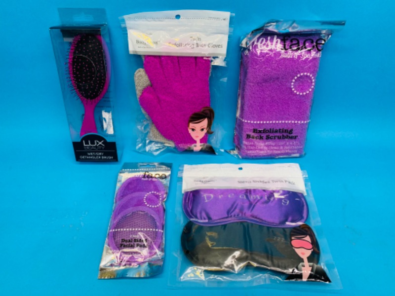 Photo 1 of 894156…pamper set- sleep shades, detangling brush, exfoliating pads, and gloves 