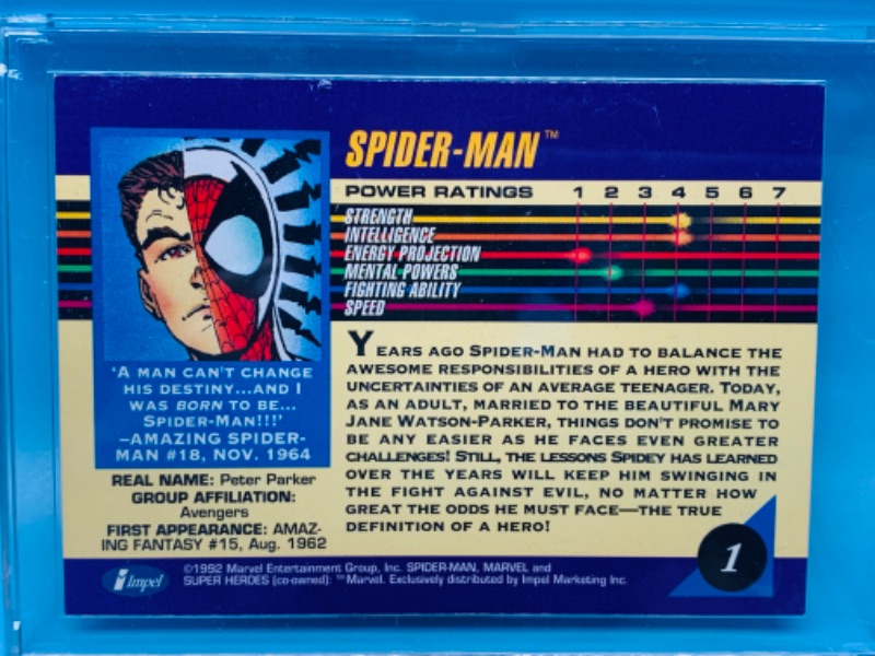 Photo 2 of 894493…1992 marvel superheroes Spider-Man card 1 in hard plastic case 