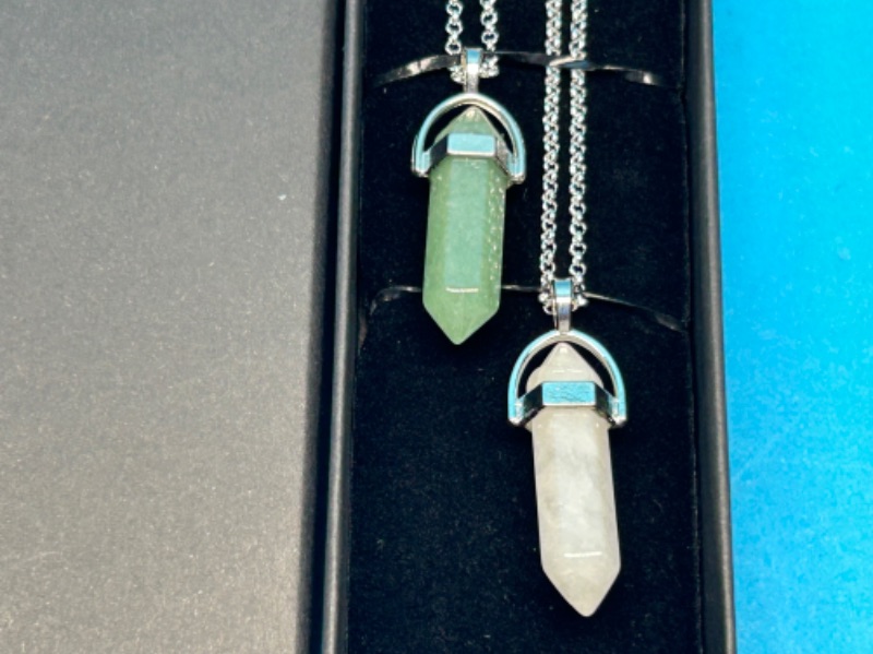 Photo 3 of 894926…2 polished crystal shaped pendants on chains in gift box 