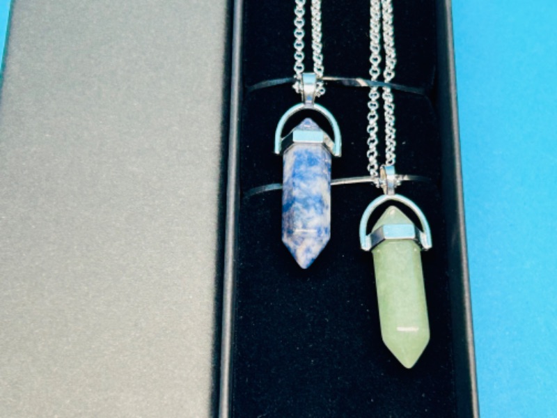 Photo 3 of 894928… 2 polished crystal shaped pendants on chains in gift box 