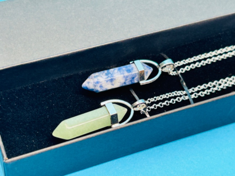 Photo 2 of 894928… 2 polished crystal shaped pendants on chains in gift box 