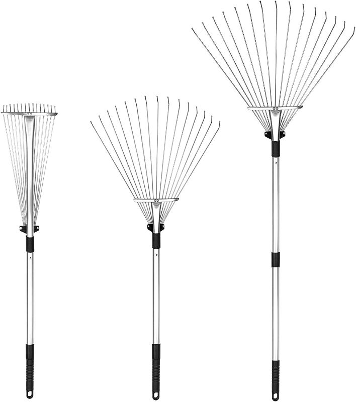 Photo 1 of Adjustable Garden Leaf Rake - 24 to 63 Inch Telescopic Metal Rake, Expandable Folding Leaves Rake for Lawn Yard, Flowers Beds and Roof