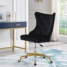Photo 1 of 24KF Velvet Upholstered Tufted Button Home Office Chair with Golden Metal Base,Adjustable Desk Chair Swivel Office Chair - 7081-Black
