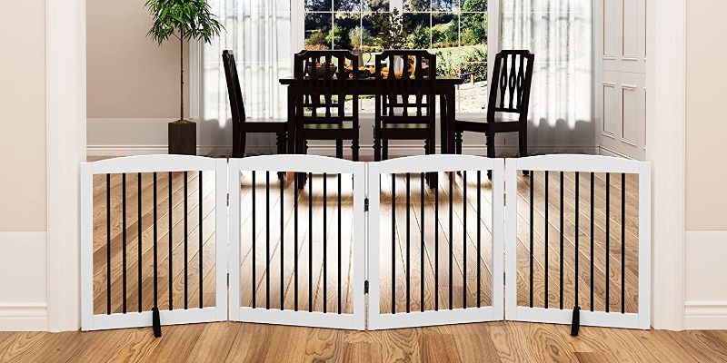 Photo 1 of PUPETPO Freestanding Pet Gate for Dogs, Foldable Wooden Dog Gate for House, Indoor Dog Gate for Stair, Doorway, Step Over Pet Puppy Safety Fence, 80 Inch Wide, 4 Panels 24",White
