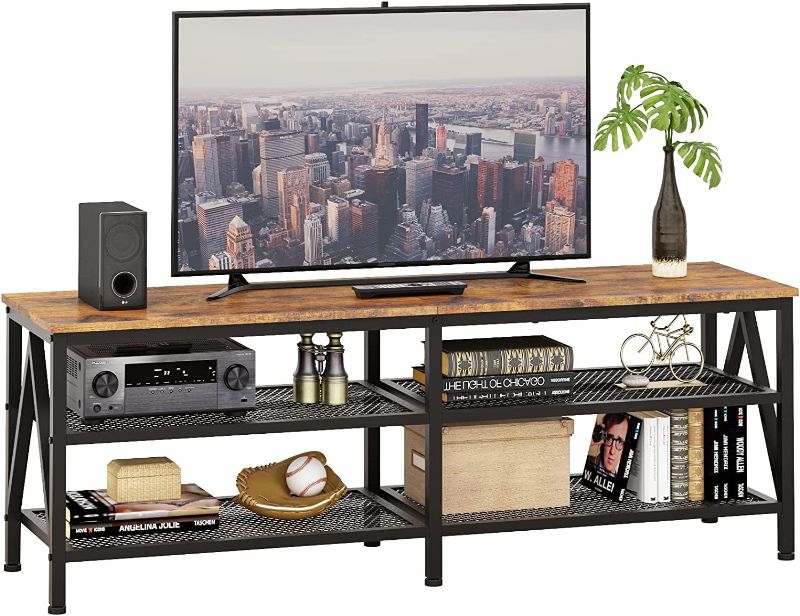 Photo 1 of Furologee TV Stand for 60 65 inch TV, Long 55" Entertainment Center TV Console, TV Table with 3-Tier Open Storage Shelves, Industrial TV Cabinet with Metal Frame for Living Room, Rustic Brown
