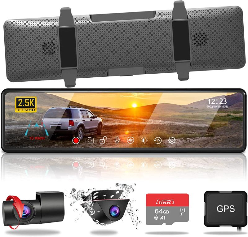 Photo 1 of 2.5K Dash Cam Mirror with GPS, 12”Rear View Mirror Camera for Cars and Trucks, Dash Cam Front and Rear Detached, Superior Night Vision, Parking Assist (Free 64GB Card)
