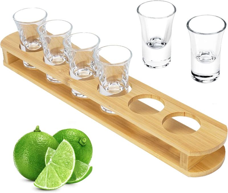 Photo 1 of 1 oz Shot Glasses with Holder, Shot Glass Set in Bamboo Wooden Shot Tray, D&Z 6 Heavy Base Shot Glasses for Whiskey/Vodka/Tequila/Cocktail/Soju, Shot Serving Tray, Good Helper for Bar/Restaurant/Party
