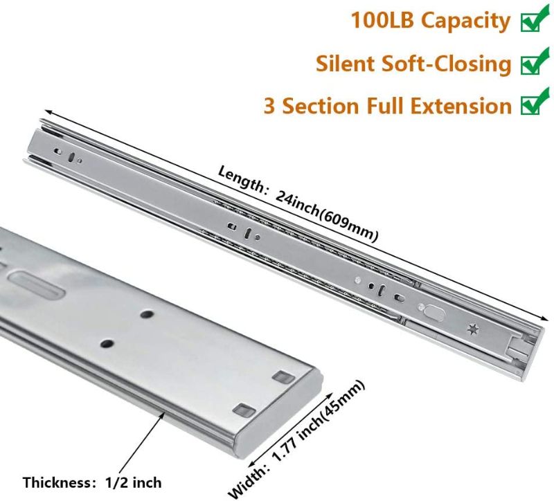 Photo 1 of 1 Pair LONTAN Soft Close Drawer Slides 24'' Soft Close Cabinet Hardware - 3 Fold Full Extension Ball Bearing Heavy Duty Drawer Slides, 100LB Capacity