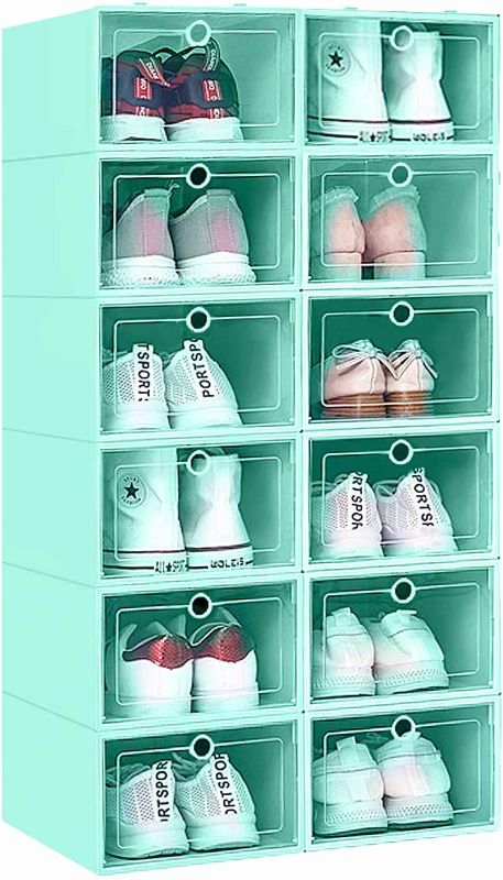 Photo 1 of 2 Pack Stackable Shoe Storage Organizer Plastic with Lid, Clear Shoe Boxes Drop Front - Black