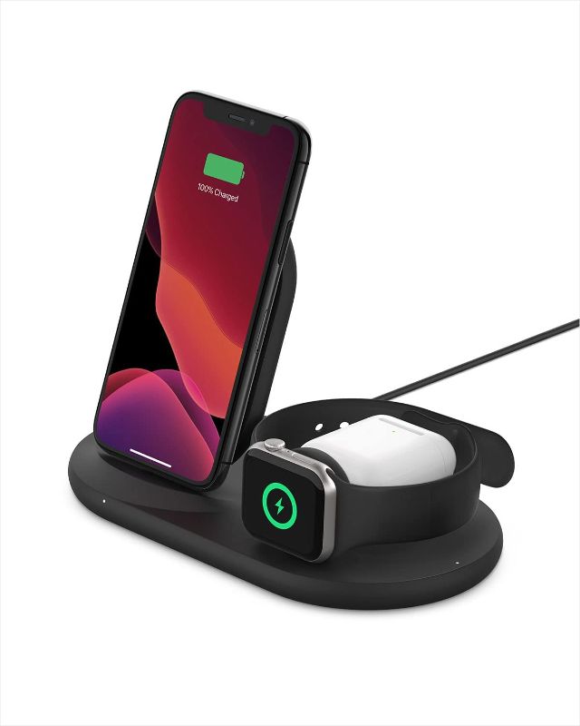 Photo 1 of Belkin 3-in-1 Wireless Charger - Fast Wireless Charging Stand for Apple iPhone, Apple Watch & AirPods - iPhone Case Compatible Qi Charger - Wireless Charging Station For Multiple Devices - White
