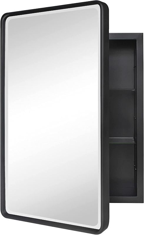 Photo 1 of  Farmhouse Black Metal Framed Recessed Bathroom Medicine Cabinet with Mirror Rounded Rectangle Tilting Beveled Vanity Mirros for Wall