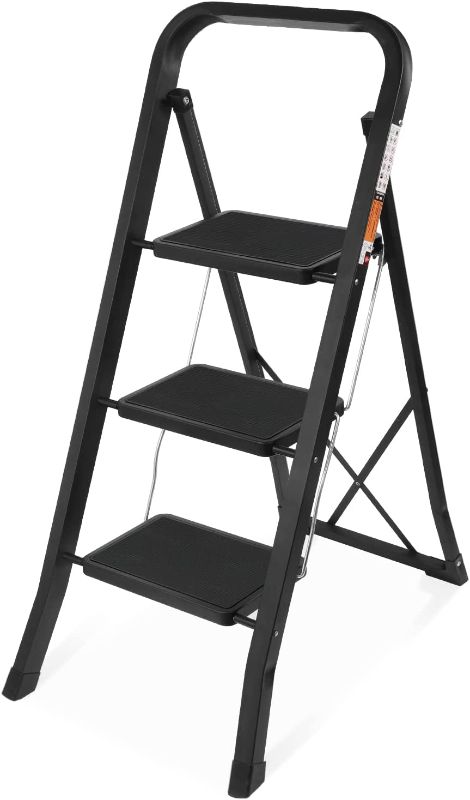 Photo 1 of 3 Step Ladder, SPIEEK Folding Step Stool with Wide Anti-Slip Pedal, 330lbs Capacity Portable Lightweight Ladders for Home Kitchen Outdoor, Black
