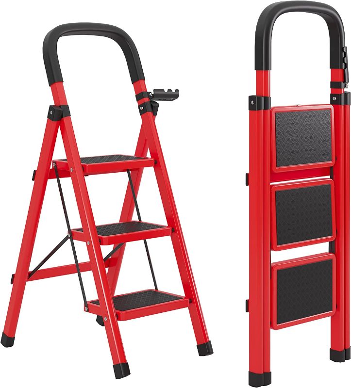 Photo 1 of 3 Step Ladder, Folding Step Stool with Wide Non-Slip Pedal and Comfort Handgrip for Household and Office, Quality Upgrade,Red