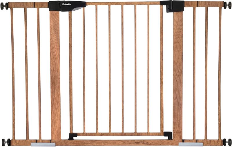 Photo 1 of Babelio Metal Baby Gate with Wood Pattern, 29- 48'' Extra Wide Walk Thru Pet Dog, Easy Install Wall Mounted Dog Gate, No Tools Required, with Wall Protectors and Extensions
