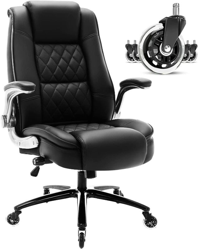 Photo 1 of High Back Office Chair- Flip Arms Adjustable Built-in Lumbar Support, Executive Computer Desk Chair Work Chairs, Thick Padded Strong Metal Base Quiet Wheels, Ergonomic Design for Back Pain
