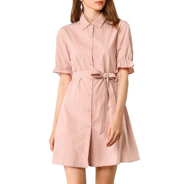 Photo 1 of Allegra K Women's Casual Short Sleeve Solid Color Button Down Shirt Dress Silked
